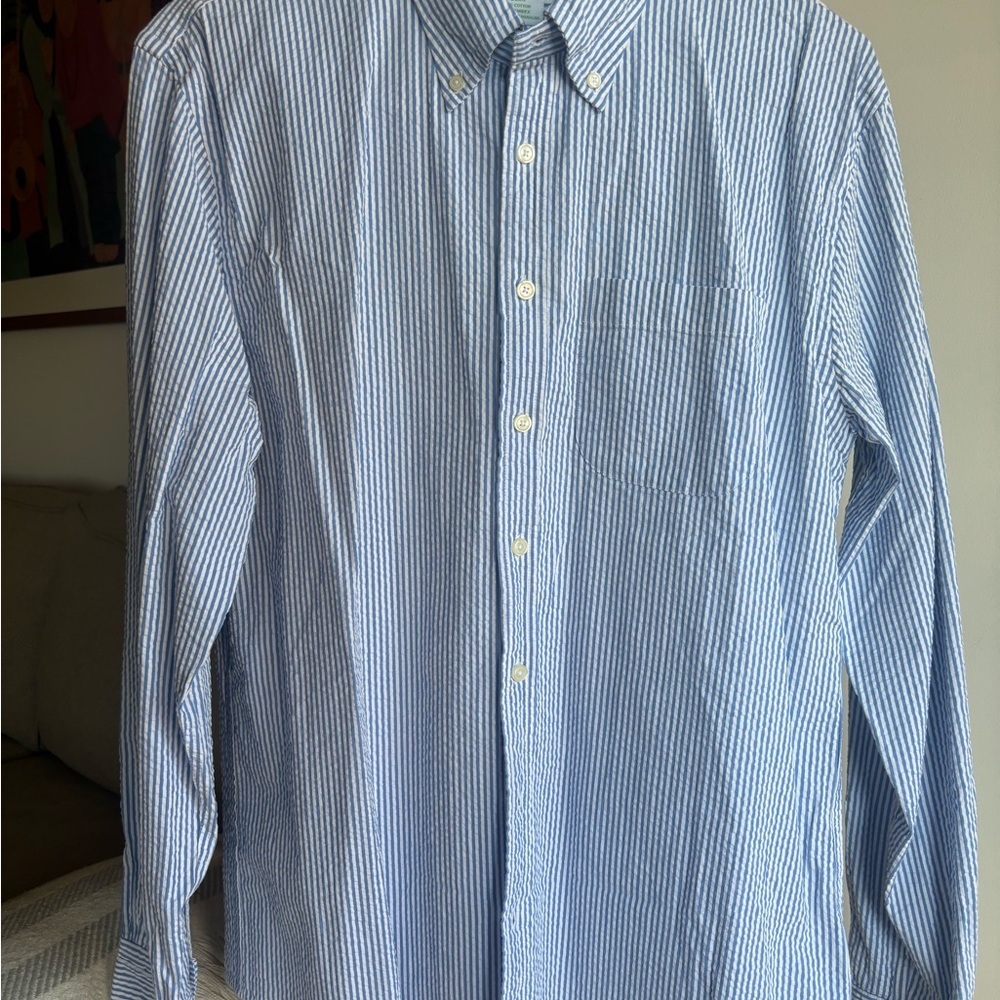 Brooks Brothers Blue and White Seersucker Stripe Button-Down Shirt